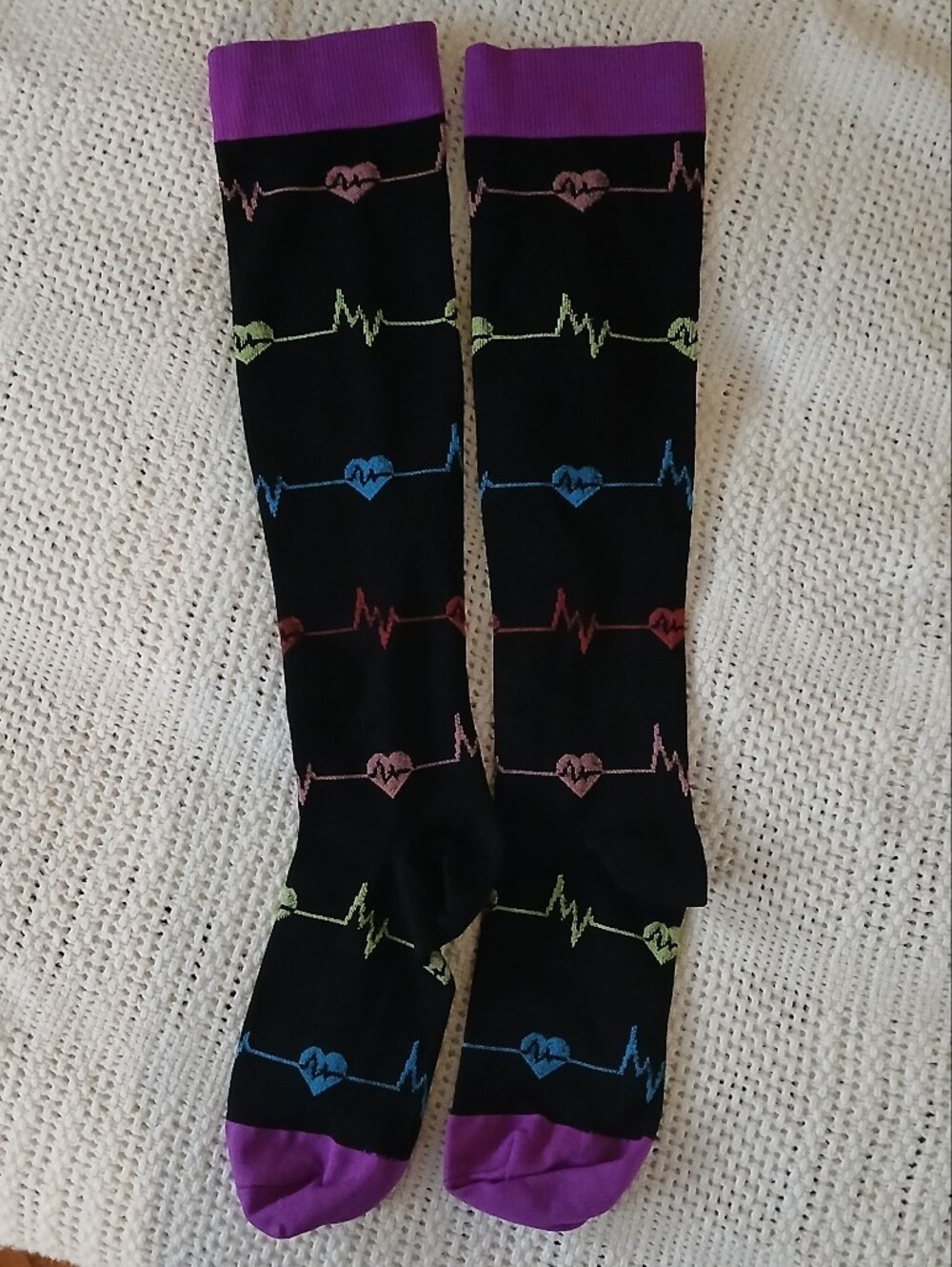 Black And Purple Compression Socks with Multicolor Heartbeat Motif